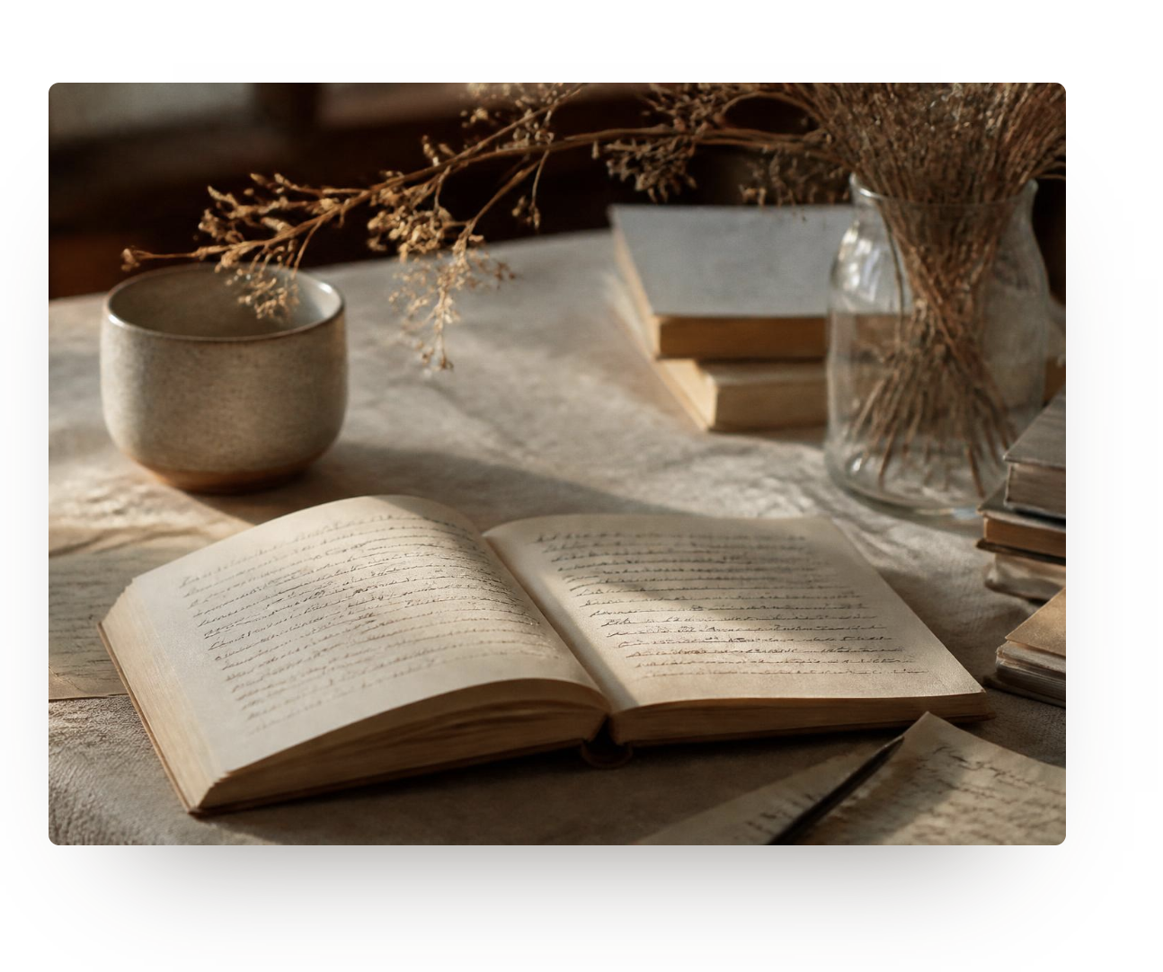 Cuaderno abierto entre libros y flores secas