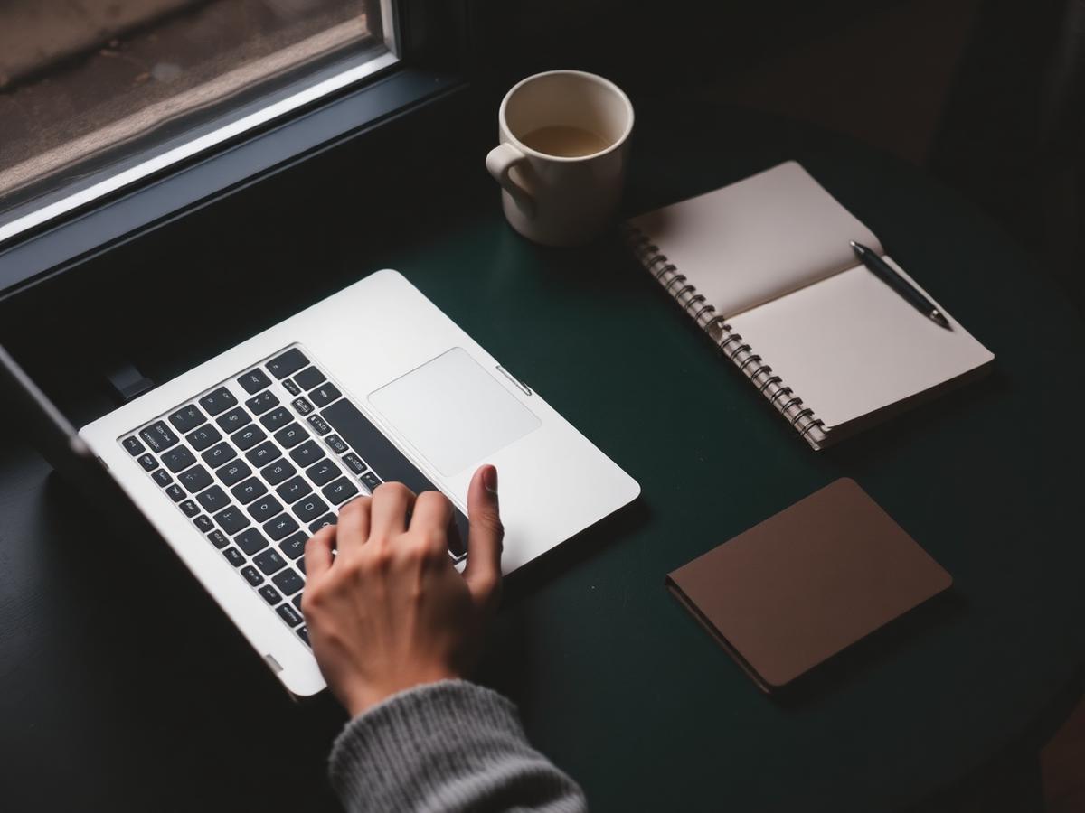 Manos escribiendo en un portátil junto a una taza y un cuaderno