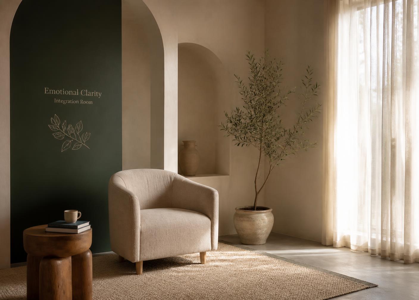 Espacio sereno de acompañamiento con luz natural