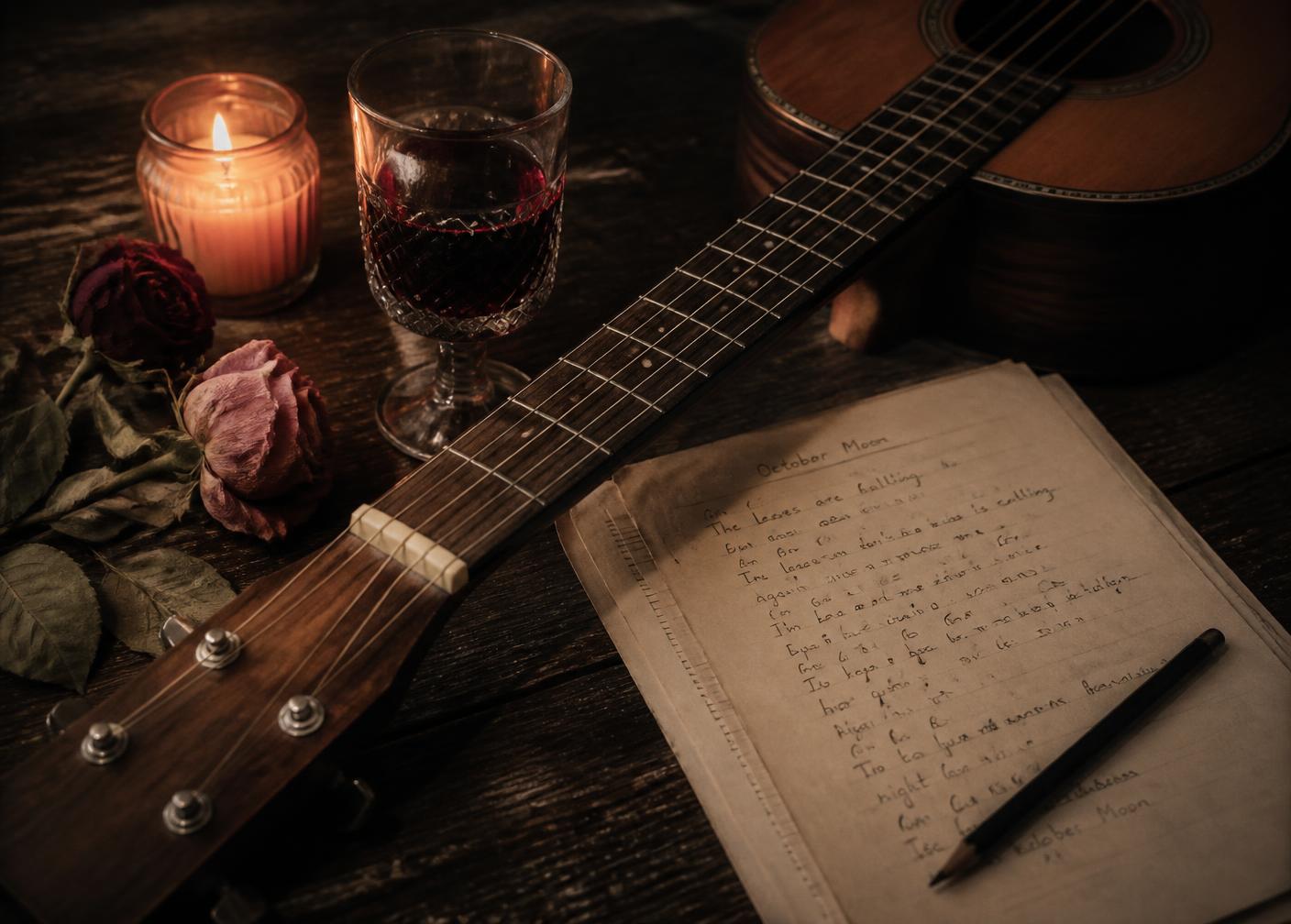 Guitarra y hoja de música manuscrita a la luz de una vela