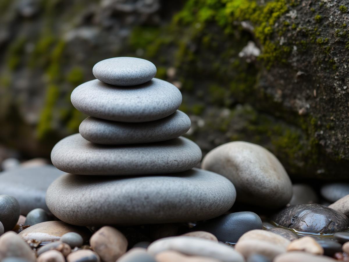 Piedras de río apiladas sobre un lecho de guijarros