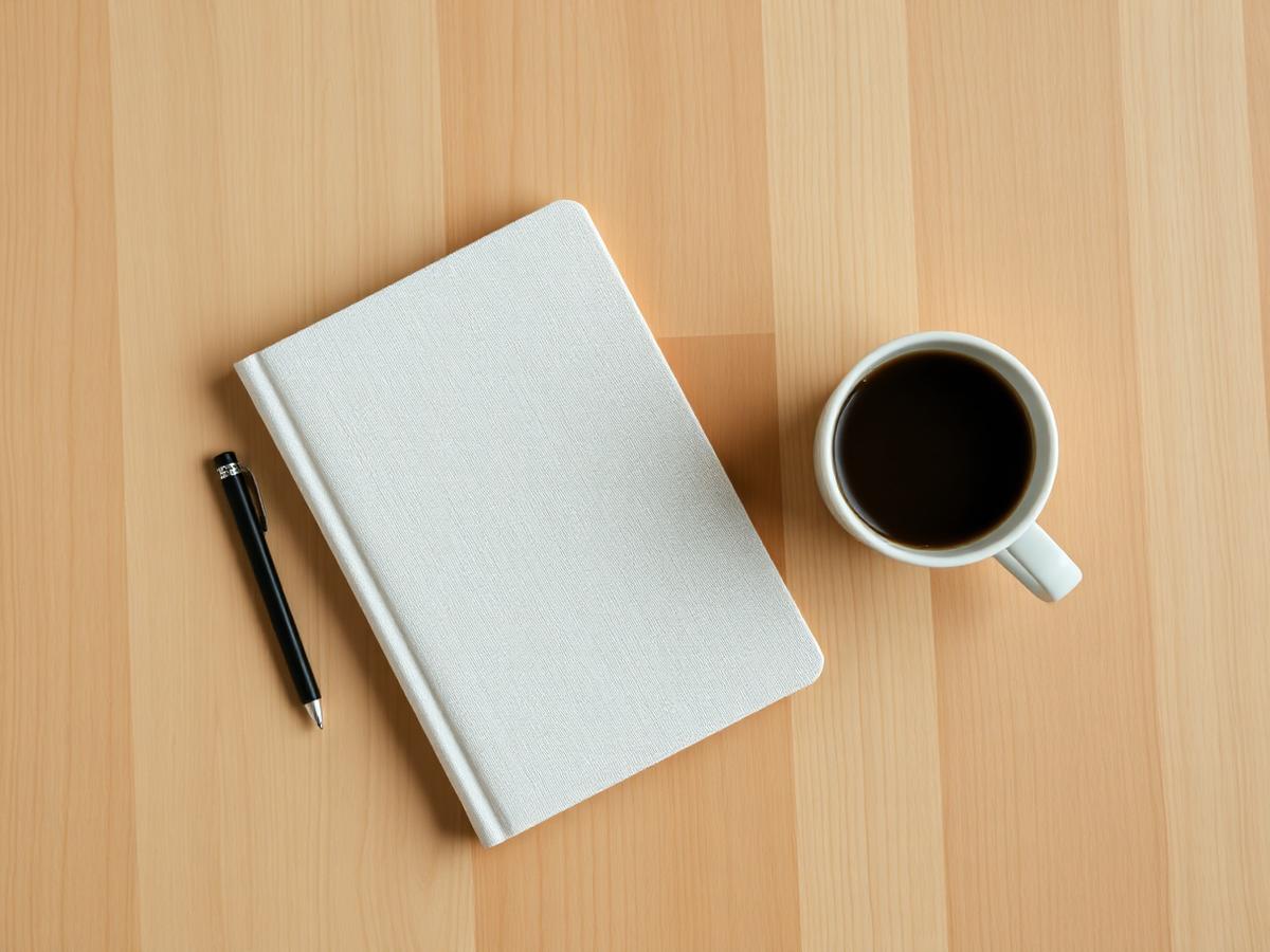 Cuaderno de campo y taza sobre una mesa de madera