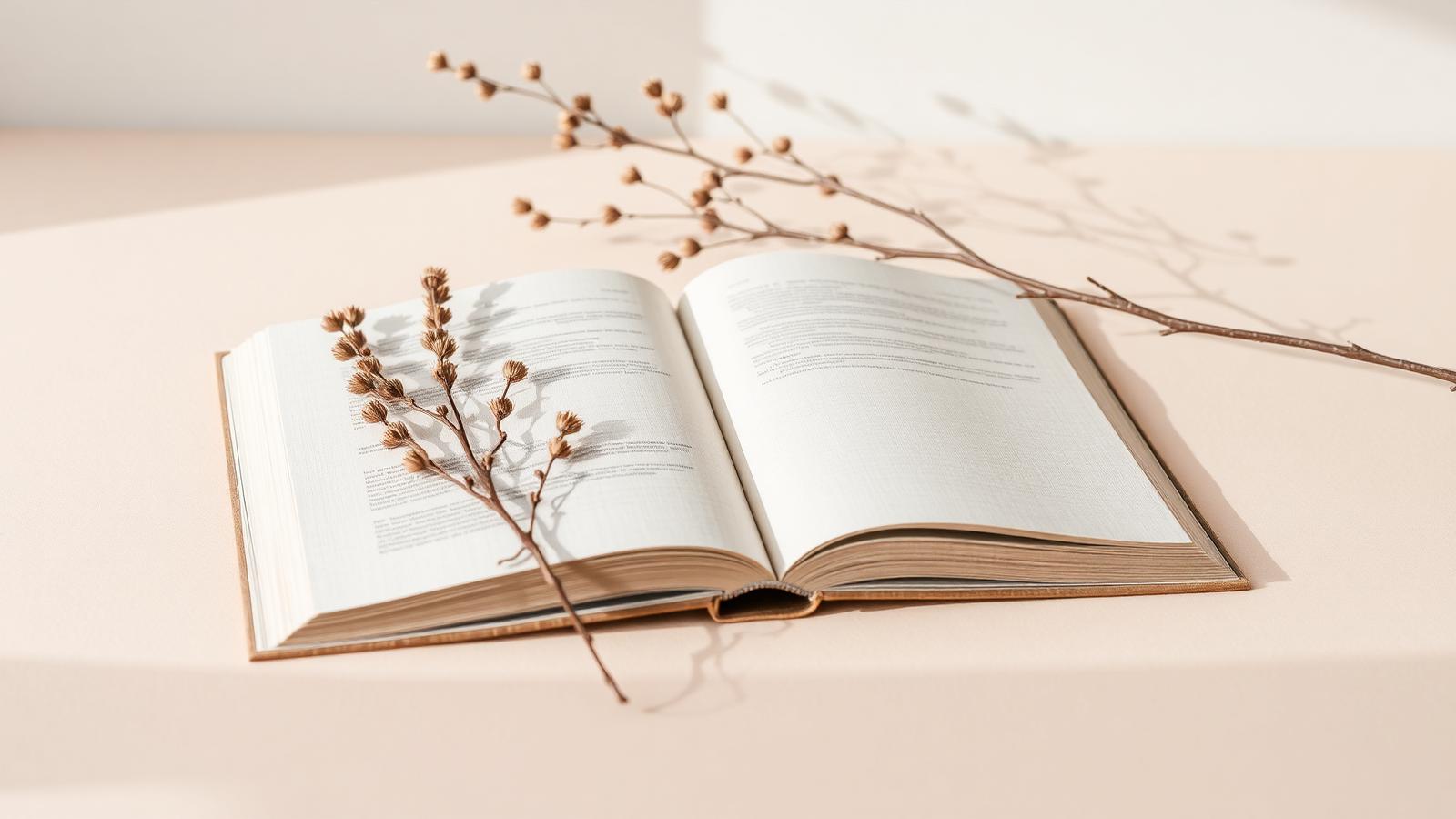 Libros abiertos y ramas secas sobre una superficie color crema
